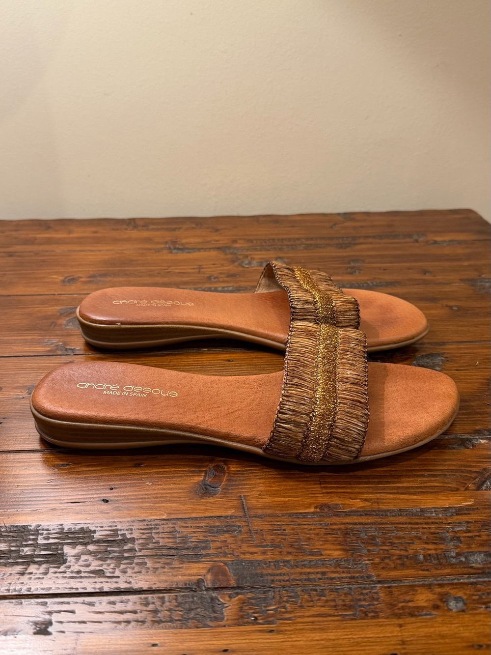 Andre Assous Brown and Gold Raffia Slide Sandals
